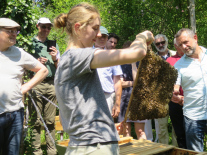 Tierwirtin Vanessa Maurer am Bienenstock mit einer mit Bienen voll besetzten Wabe in der Hand.