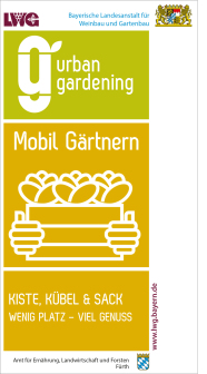 Titelblatt des Flyers Mobiles Gärtnern mit angedeuteten Händen die eine Kiste mit Gemüse halten