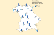 Grafik von Bayern zeigt die prozentuale Abweichung des Niederschlags vom langjährigen Mittel 1961–1990 an den Waldklimastationen.