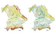 Zwei Karten von Bayern, die linke eher in rot gehalten, während die rechte eher grün oder gelb ist