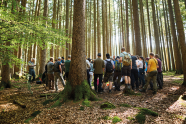 Gruppe von Studierenden steht in einer Traube und lauscht einem Vortrag.