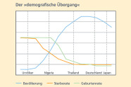 Kurvendiagramm:  Bevölkerung: Die Bevölkerung ist bei den Urvölkern sehr gering, in Nigeria etwas größer, in Thailand kurz vor dem Gipfelpunkt, kurz danach Deutschland und Japan. Sterberate: Die Sterberate ist bei den Urvölkern hoch, in Nigeria bereits wesentlich niedriger, am tiefsten Punkt gleichermaßen in Thailand, Deutschland und Japan. Geburtenrate: Die Geburtenrate ist bei den Urvölkern genauso hoch wie die Sterberate, in Nigeria ist sie niedriger, etwa doppelt so groß wie die Sterberate. In Thailand ist sie etwas höher als die Sterberate des Landes. Die Geburtenrate in Deutschland und Japan ist niedriger als die dortige Sterberate.