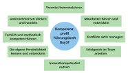 Das Bild zeigt eine Grafik mit einem blauen Kreis als Mittelpunkt, um den sich grüne Kästen befinden. Die Kästen stellen die Kompetenzen dar, die ein Mitarbeiter der BaySF, dargestellt durch den blauen Kreis, mitbringen sollte.