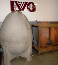 Das Betonei als Gebinde für den Weinausbau mit Amphoren im Hintergrund