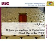 Honigglas mit dunklem Honig steht auf vielen andern Honigläsern, Fachwarte Schulungsunterlagen Titelbild