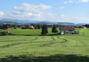 Vereinzelte Häuser und Bauernhöfe in einer hügeligen Landschaft mit Bäumen und Wiesen.