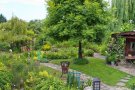 Blick auf Gartenhäuschen, Baum und Rasenfläche davor, links davon Staudenbeete