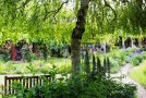 Blick aus dem Schatten eines Baum mit Bepflanzung und Sitzbank in den hellen Garten