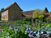 Blick über den Gemüsegarten auf ein historisches Bauernhaus