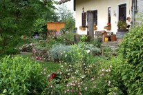 Staudenbeete mit Natursteinmauern vor dem Wohnhaus