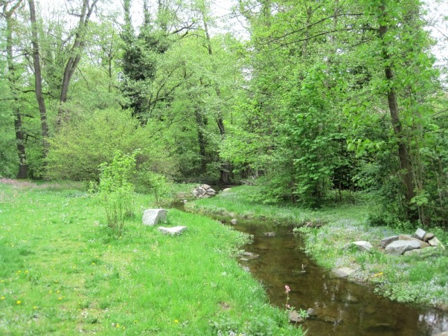 Bachlauf, Wiese und Baumbestand im Gartren der Stille