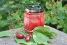 Glas mit rotem Fruchtaufstrich und davor zwei rote Kornelkirschen
