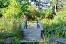 Teich mit Brücke und üppiger Bepflanzung