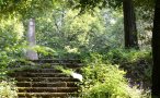Bewachsene Treppe zu einem Obelisk führend in einem baumbestandenen Park
