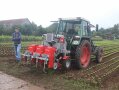 Tino Hedrich steht auf seiner Versuchsfläche und begutachtet ein Traktor mit angebautem Hackwerkzeug