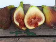 Eine aufgeschnittene Feige liegt auf dem Holztisch mit den reifenden Feigen