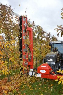 Ein Traktor mit angebautem Schneidemaschine bei der Fahrt an der Baumreihe.