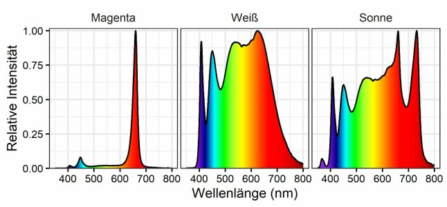 Drei dargestellte Spektren mit einer Höhe der durchschnittlichen Lichtstärke