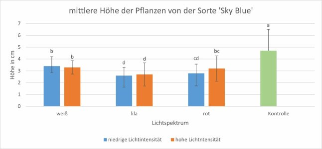 Pflanzenhöhe von verschiedenen Lichtspektren als Säulendiagramm dargestellt.