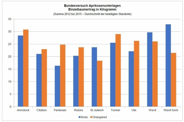 Zweifarbige Säulendiagramm der Einzelbaumertrag in Kilogramm dargestellt.