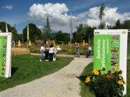 Grüne Wiese mit Kuh und Rollups der Gartenakademie