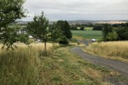 Ein Wirtschaftsweg, der auf eine Landstraße mündet. Entlang des Wirtschaftswegs ist eine ca. 3m breite gemähte Spur sowie langhalmiges, auf dem Boden liegendes Schnittgut erkennbar.