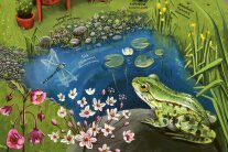 Illustration eines Frosches, der vor einem Teich auf einem Stein sitzt.