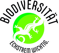 Logo zur Ausstellung mit dem Titel Biodiversität: Echstrem Wichtig, welches einen Kreis aus zwei Grüntönen zeigt in dessen Mitte sich eine stilisierte weiße Echse befindet.