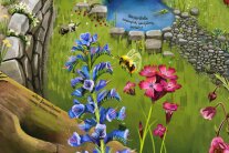 Illustration von Wildbienen mit verschiedenen Gartenpflanzen.