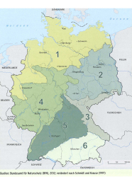 Gebietseigene Gehölze werden gemäß dem BMU-Leitfaden nach 6 Vorkommensgebieten differenziert. (Quelle: www.bfu.de)