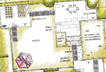 Farbiger Gartenplan des Modularen Gartens indem Hecken, Bäume, Rasen und das Tiny House eingezeichnet sind