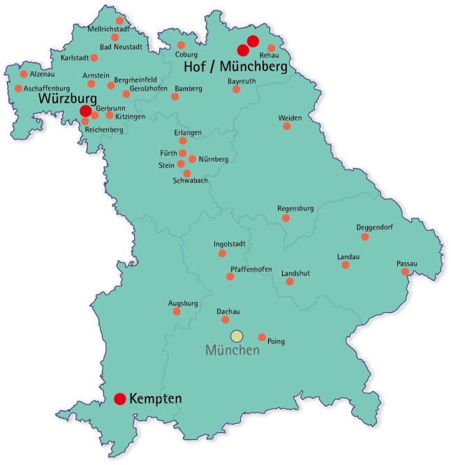 Landkarte von Bayern mit den markierten Orten der Netzwerkpartner