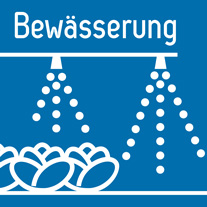 Auf blauem Hintergrund ist der Schriftzug Bewässerung, darunter zwei abstrakte Sprinkler und Salatköpfe