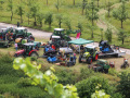 Blick auf die Maschinenausstellung im Weinberg mit Traktoren.