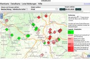 Ausschnitt aus der Internetplattform mit farbigen Rauten von grün über hellrosa bis rot