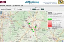 Kartenausschnitt von VitiMonitoring mit farbigen Symbolen von Befallsstellen.