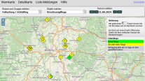 Kartenausschnitt mit bunten Markierungen für Boniturergebnisse zu Kirschessigfliegen-Traubenbefall