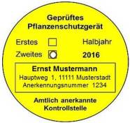 Beispielhafte Prüfplakette für Pflanzenschutzgeräte